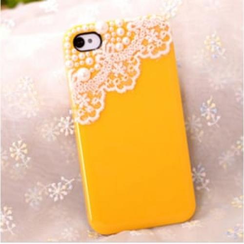 Чехол накладка с кружевами Желтый with perls для IPhone 4-4s