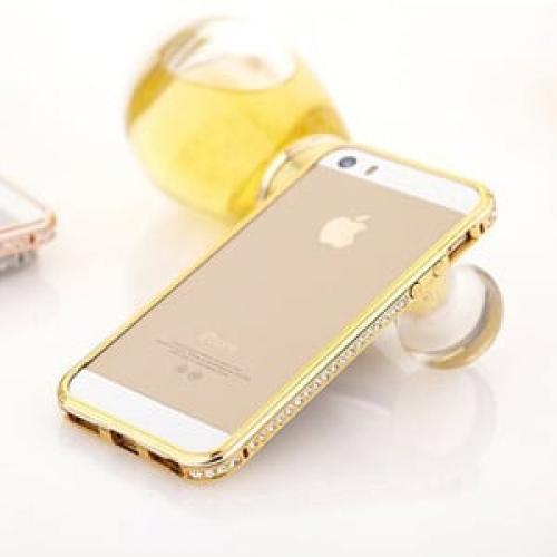 Золотой металлический бампер с камнями в 1 ряд для IPhone 5-5s