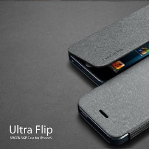 Чехол книжка кожаная Spigen Ultra Flip серый для IPhone 5-5s
