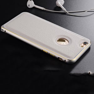 Металлический бампер 0.7мм с кожаной вставкой Белый для IPhone 6